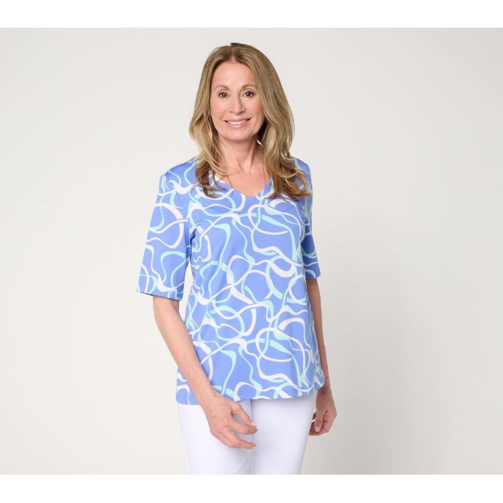 Susan Graver Women's Top Plus Sz 4X Printed Butterknit V-Neck AntiqueBlue
